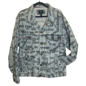 Forever 21 Mens Jean Jacket Graffiti Scribble Denim Cropped‎ Hip Hop Faded Sz L